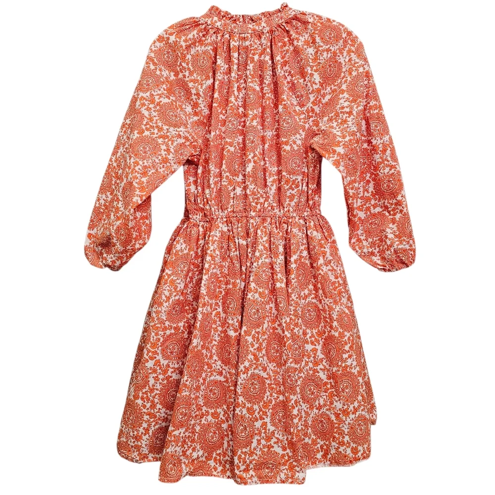 Nwot J.Crew Orange White Floral LS Ruffled Neck Fit/Flare Button Front  Dress